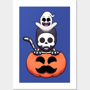 Halloween Pumpkin With Skeleton Cat And Ghost Posters and Art